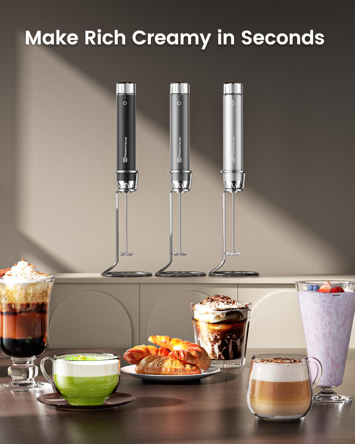 Maestri House LunaFro Max lifestyle kitchen scene showing barista-style foam at home