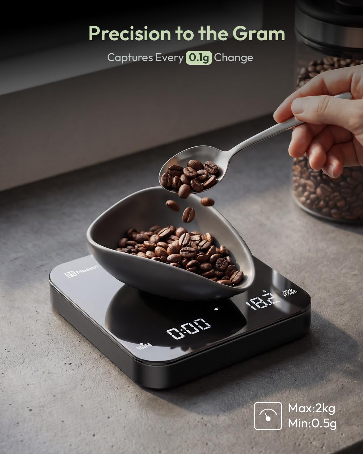 Maestri House S2 with espresso cup on scale illustrating precise dose and yield control
