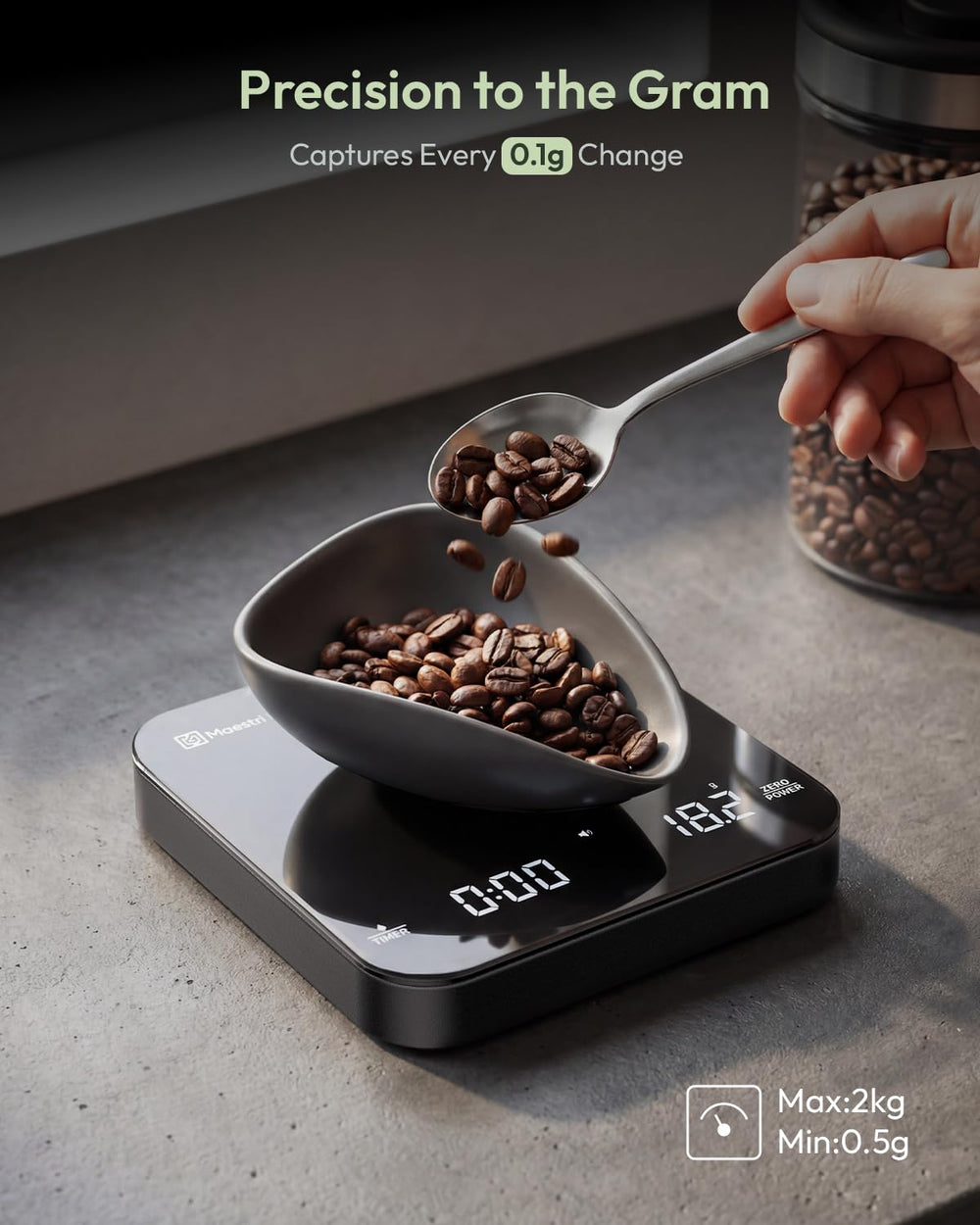 Maestri House S2 with espresso cup on scale illustrating precise dose and yield control