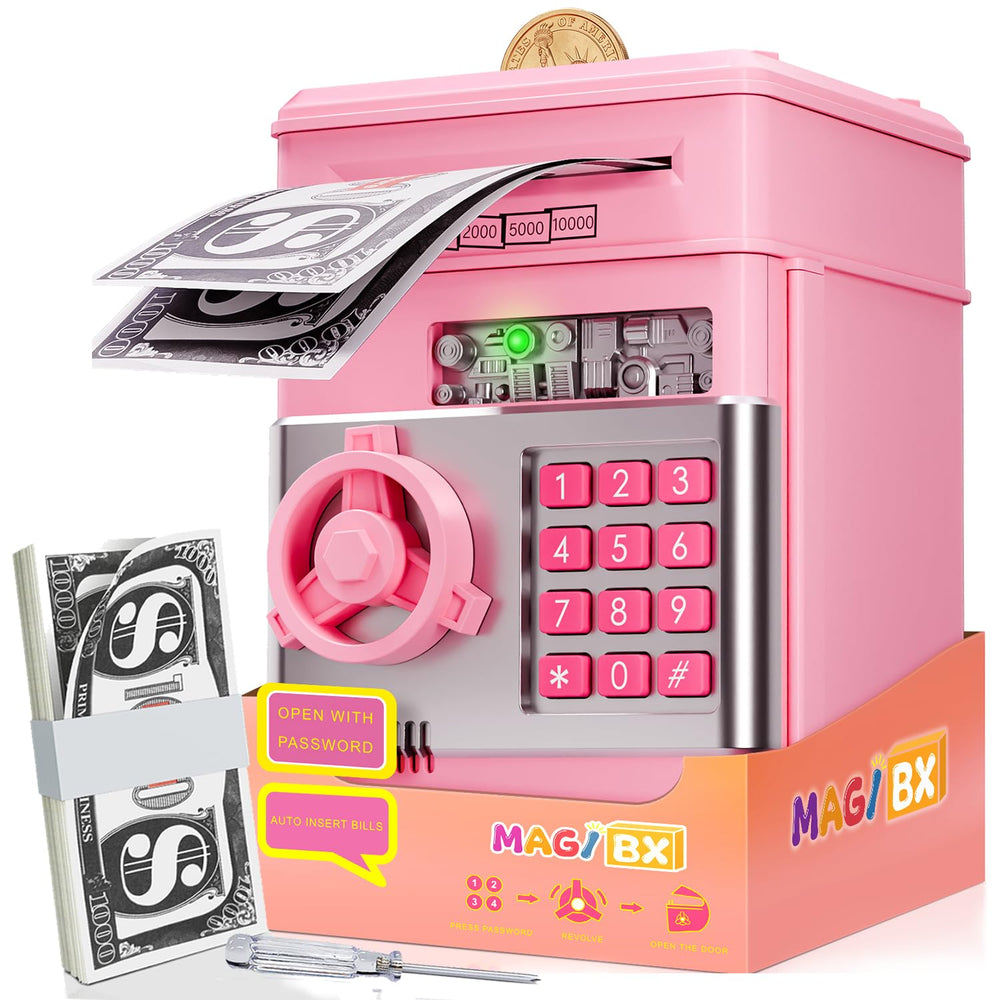 MAGIBX front view of pink ATM piggy bank showing lock and slot, encourages safe saving