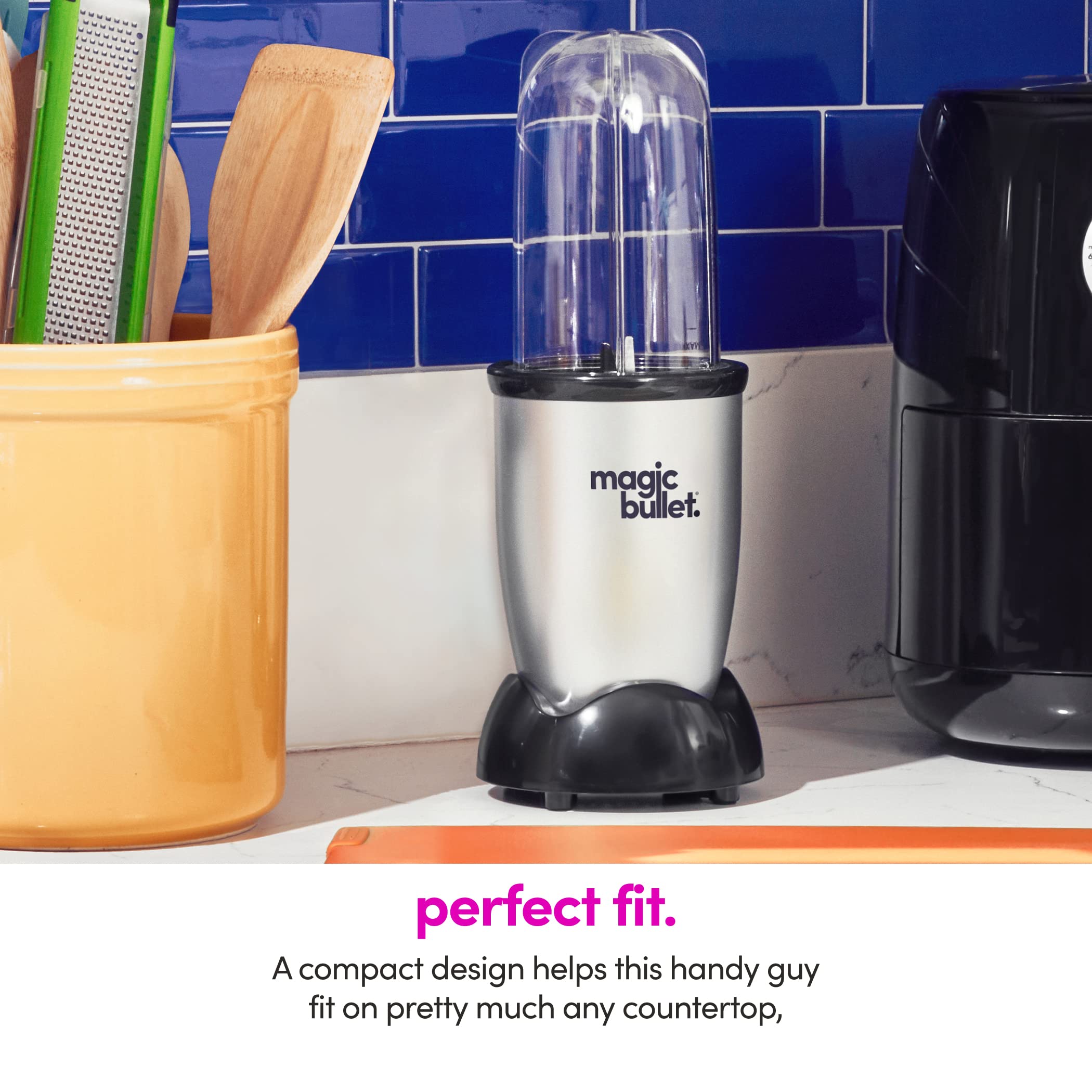 Magic Bullet assembled in use blending smoothie demonstrating quick results