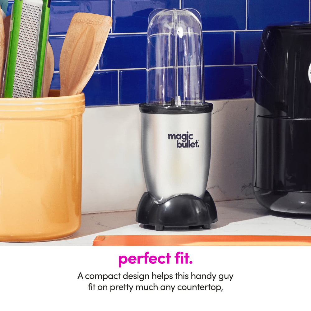 Magic Bullet assembled in use blending smoothie demonstrating quick results