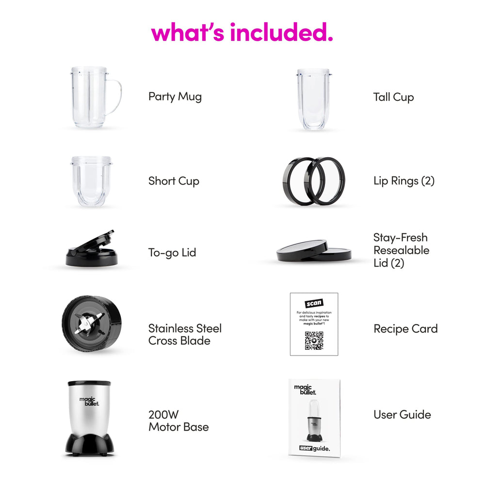 Magic Bullet packaging and included parts showing what’s in the box