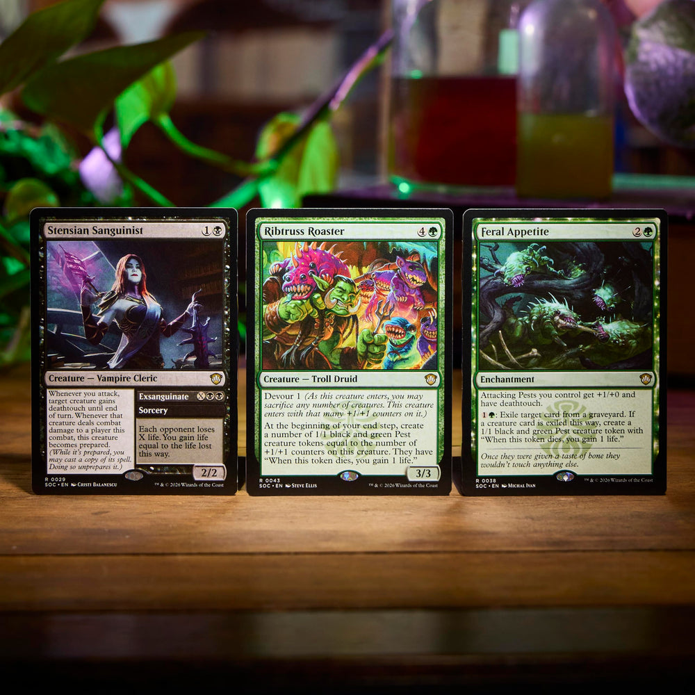 Magic: The Gathering card spread featuring sacrifice and token synergies to show deck strategy
