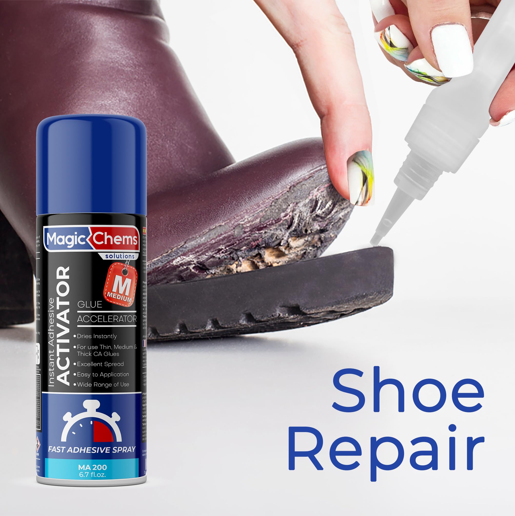 Magic Chems being used to repair a shoe sole demonstrating strong bond and quick fix advantage