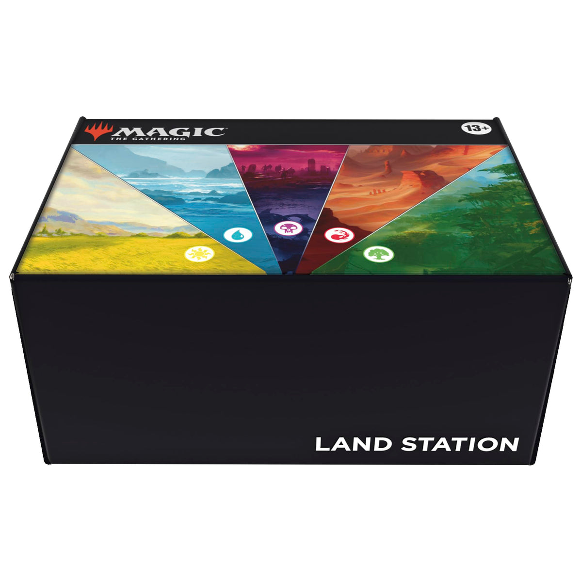 Magic: The Gathering box front showing Land Station and organized storage benefit