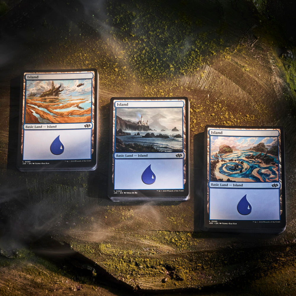 Magic: The Gathering lands beside a deck for scale and collection-ready supply