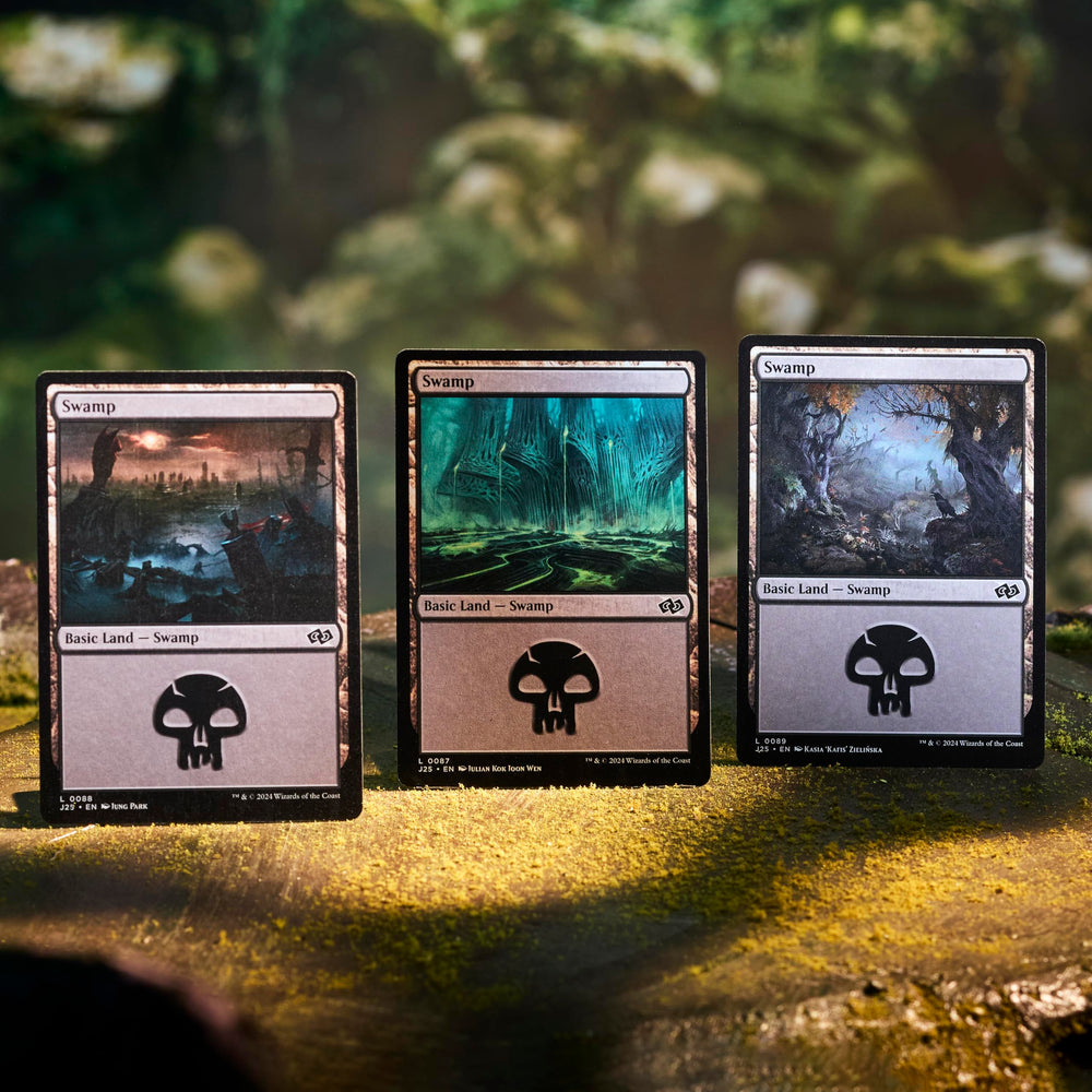 Magic: The Gathering lands in play on a game table demonstrating fast setup