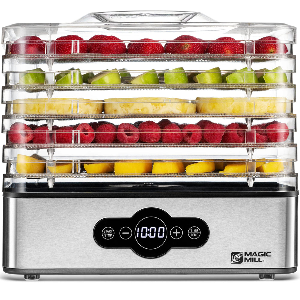 Magic Mill front view showing five-tray layout and compact design for efficient drying