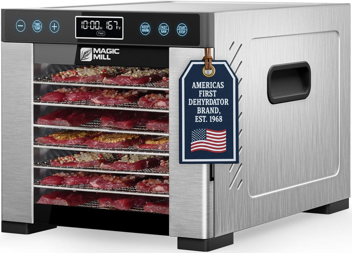 Magic Mill front view showcasing stainless exterior and modern design, durable appliance benefit