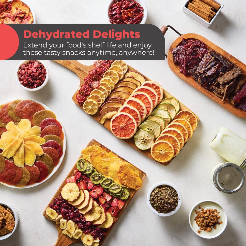 Magic Mill placed on countertop with dried snacks beside it showing home-preserving convenience benefit
