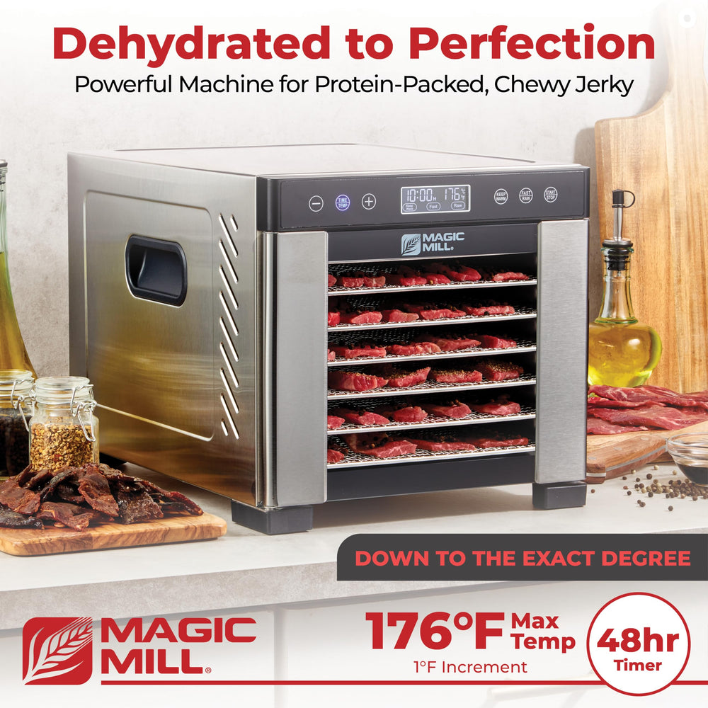 Magic Mill open with seven full-size stainless trays visible, organized batch drying benefit