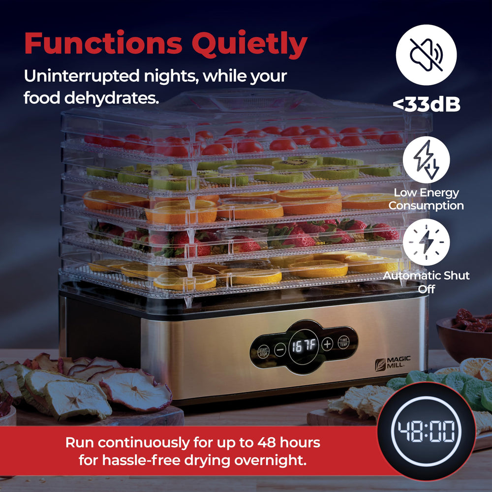 Magic Mill stainless base label closeup showing durable finish and food-safe construction