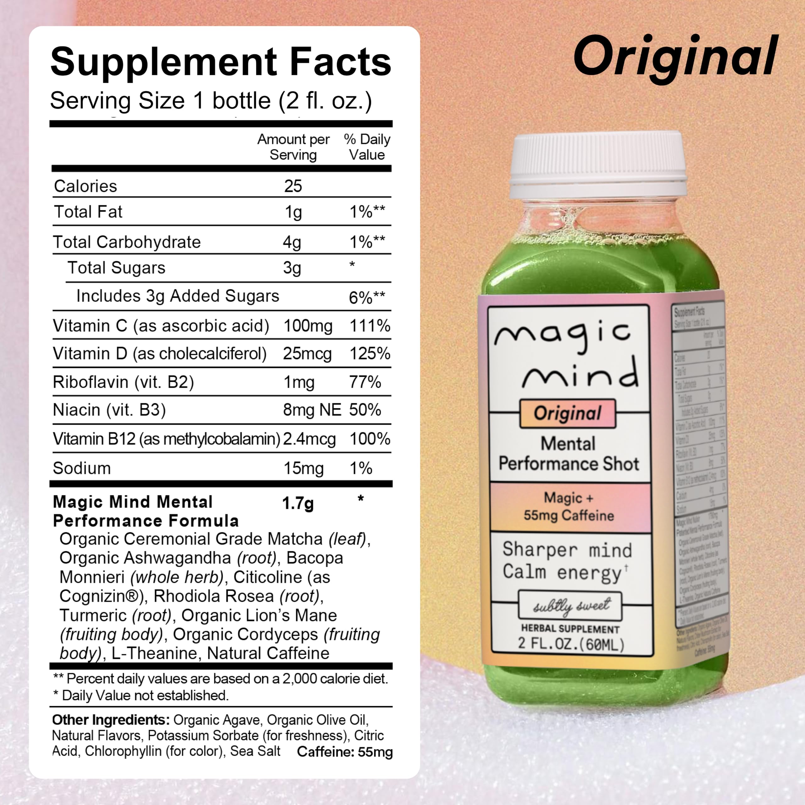Magic Mind bottle close-up label highlighting ingredients and quality