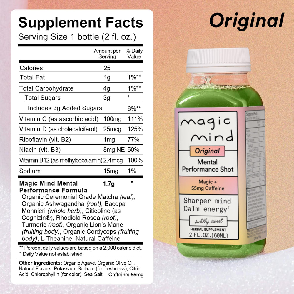 Magic Mind bottle close-up label highlighting ingredients and quality