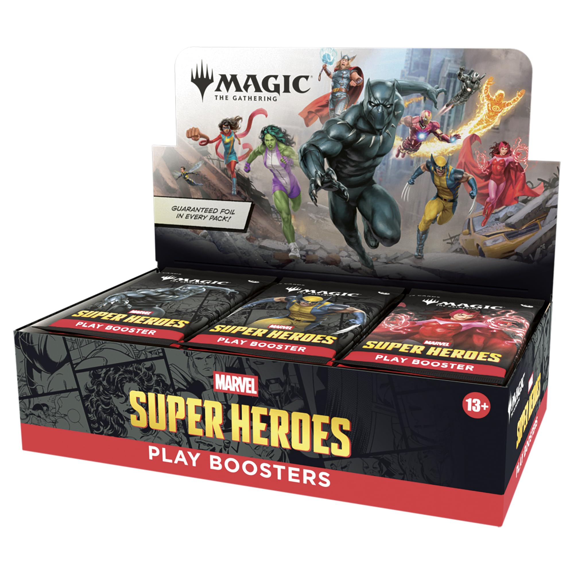 Magic: The Gathering box front showing Marvel Super Heroes artwork and pack count