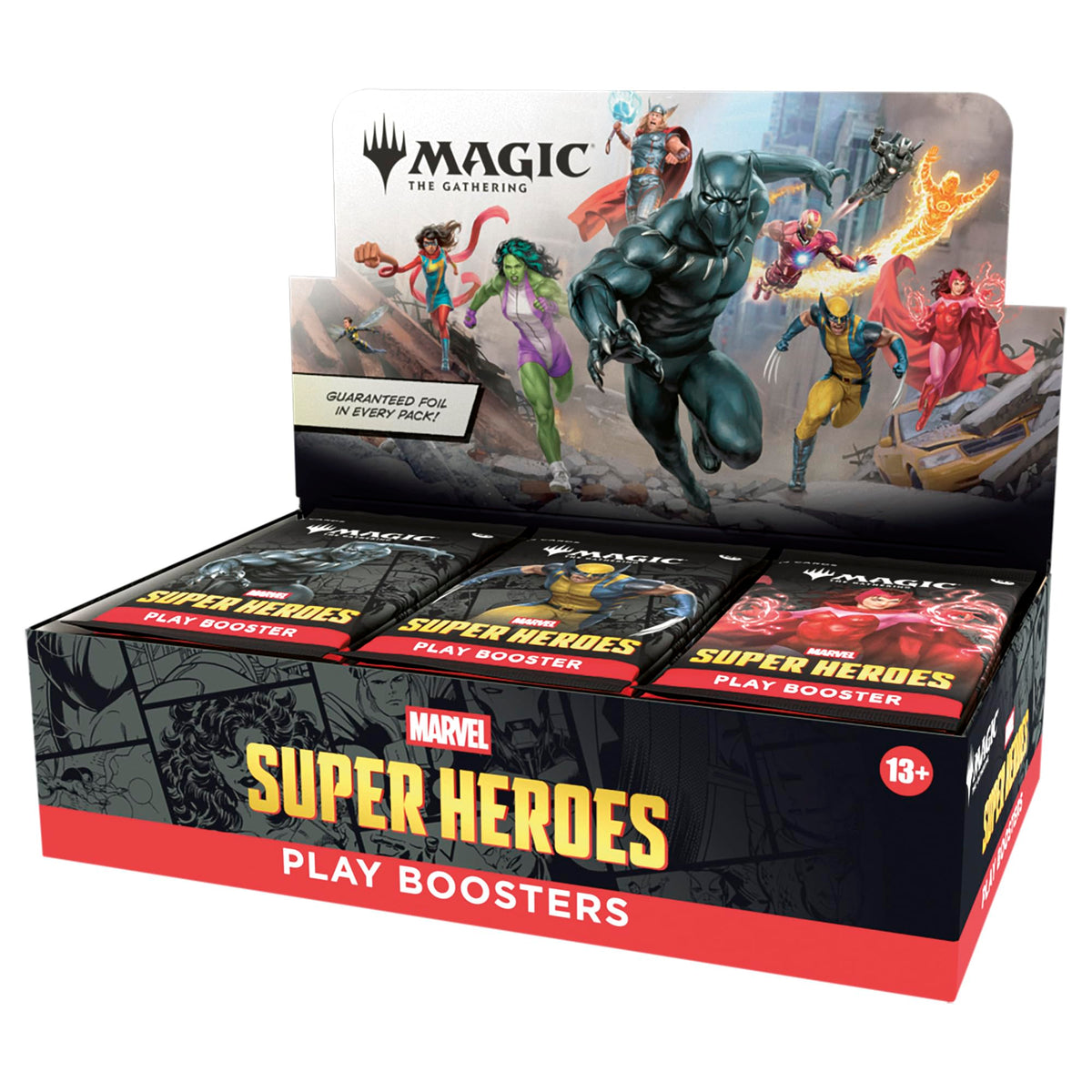 Magic: The Gathering box front showing Marvel Super Heroes artwork and pack count