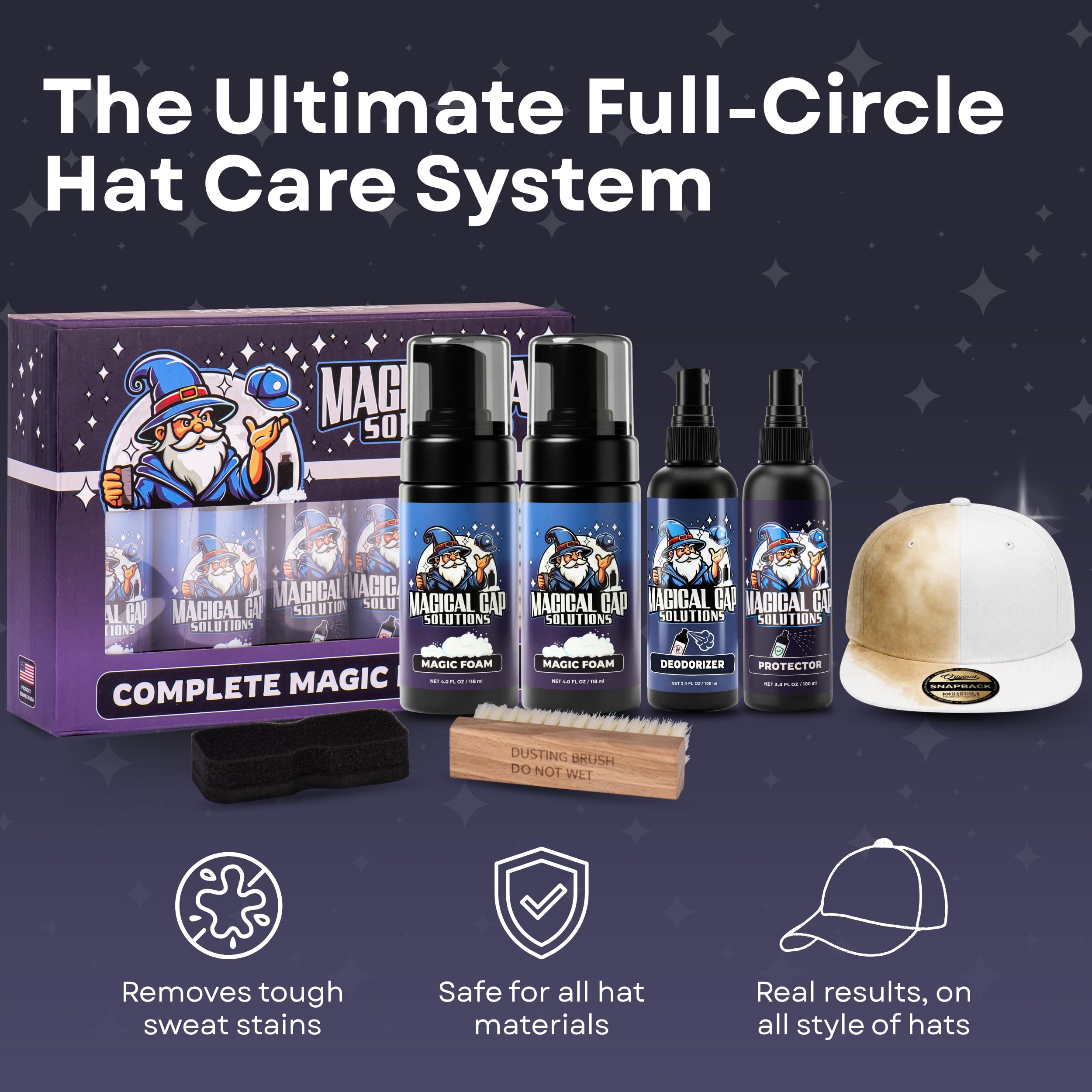 MAGICAL CAP SOLUTIONS hat cleaning kit on shelf showing everyday home use
