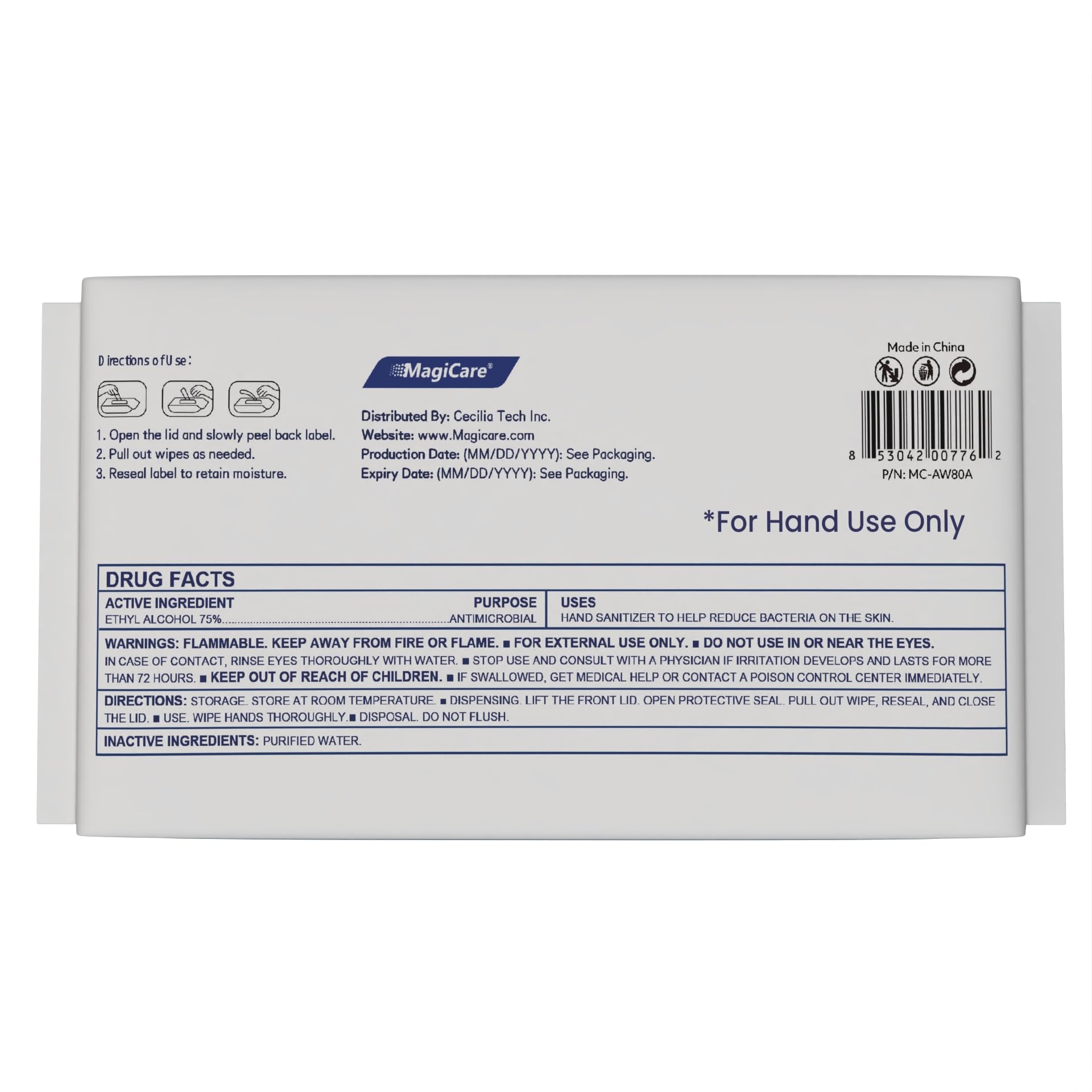 MagiCare ingredients label showing 75% ethyl alcohol and RO water for simplicity