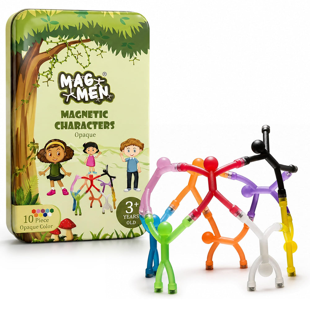 MAGMEN front packaging showing ten opaque figures and storage tin for easy gifting