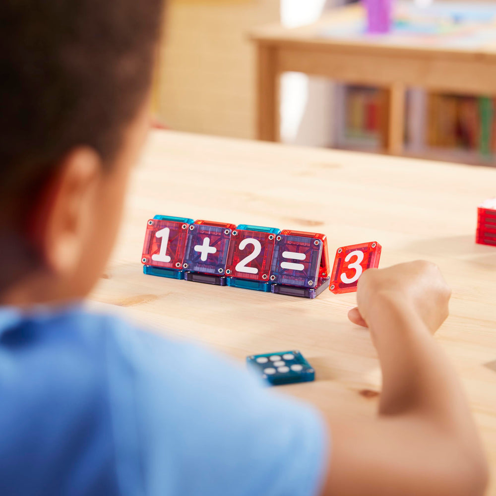 MAGNA-TILES math symbol and color-coded tiles that help children form simple equations