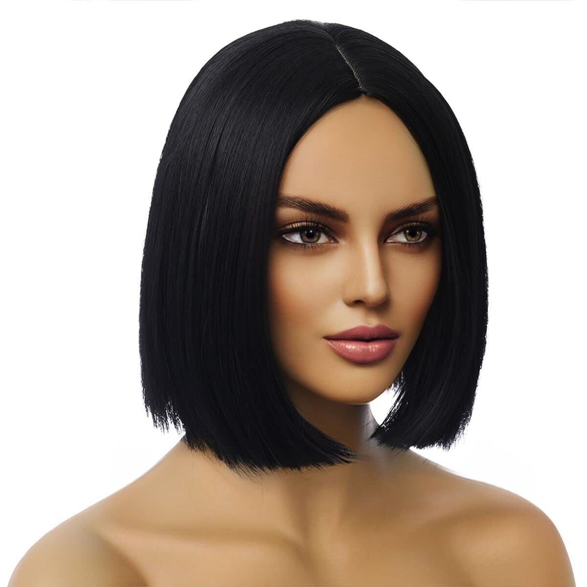 MAGQOO side profile of short black wig illustrating jaw-length silhouette benefit
