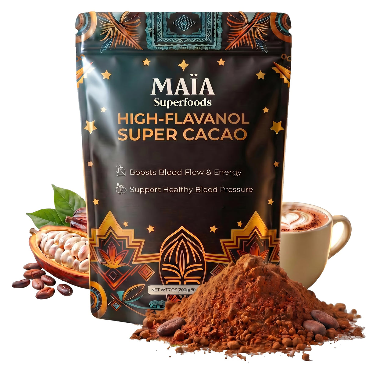 MAÏA SUPERFOODS front packaging showing premium ceremonial cacao for ritual drinks