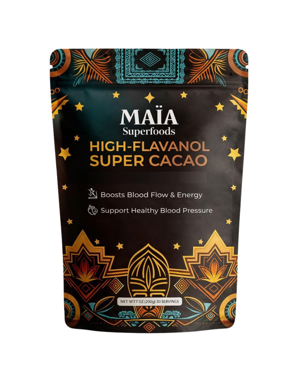 MAÏA SUPERFOODS open pouch of ceremonial cacao highlighting freshness and purity