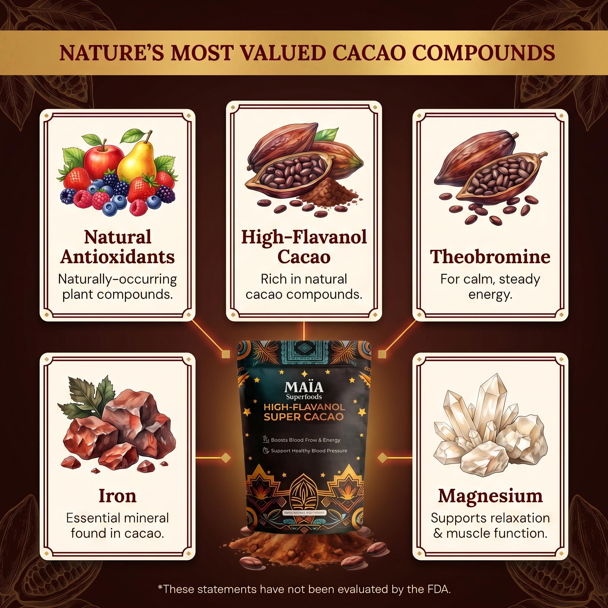 MAÏA SUPERFOODS label close-up showing non-GMO vegan gluten-free product benefits