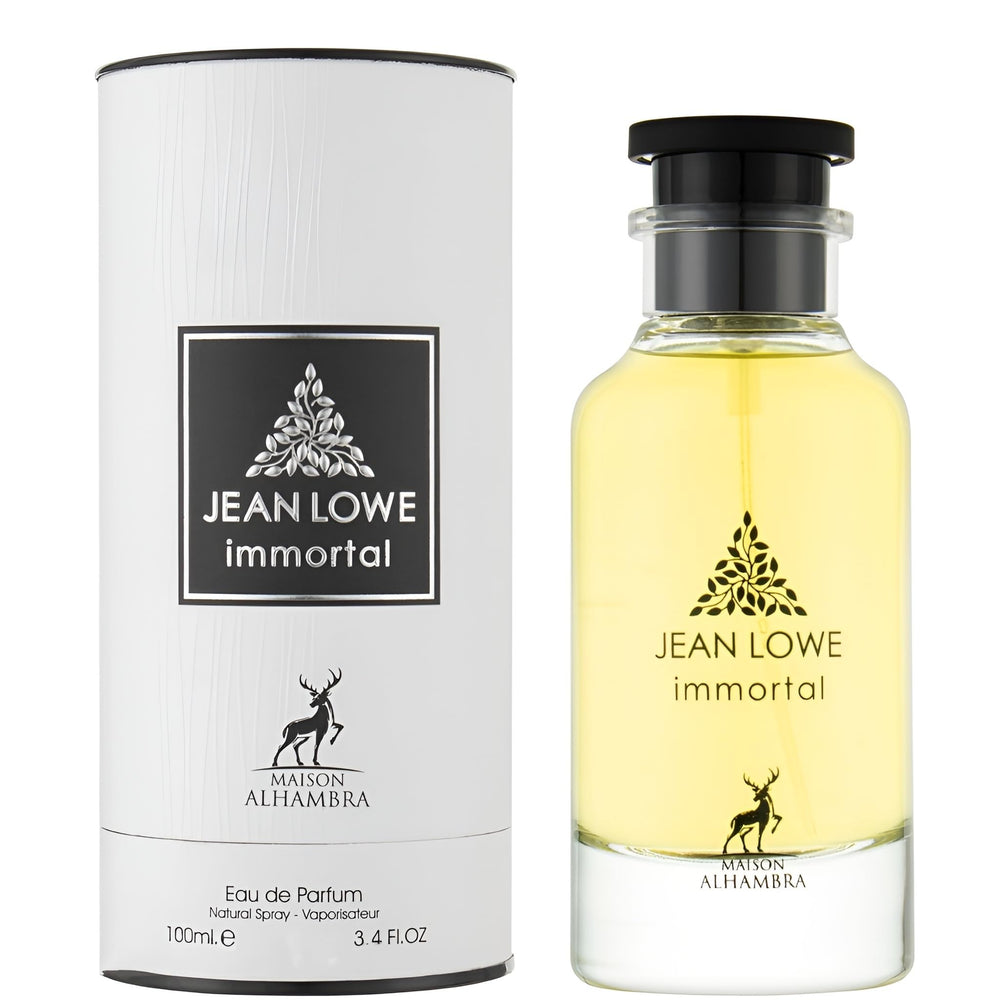 Maison Alhambra Jean Lowe Immortel 3.4 oz bottle beside ruler for scale and size clarity