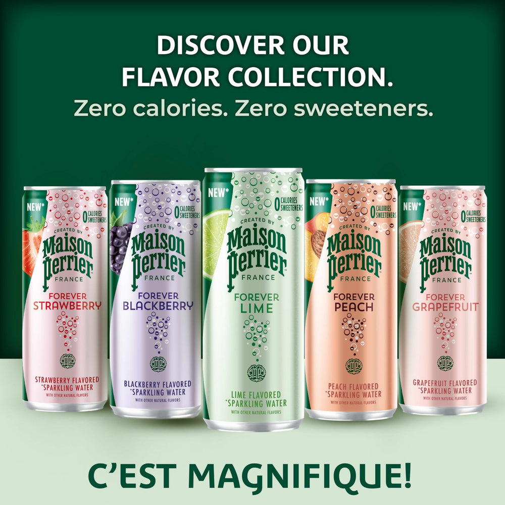 Maison Perrier close-up of fizzy bubbles, emphasizes crisp carbonation and refreshing texture