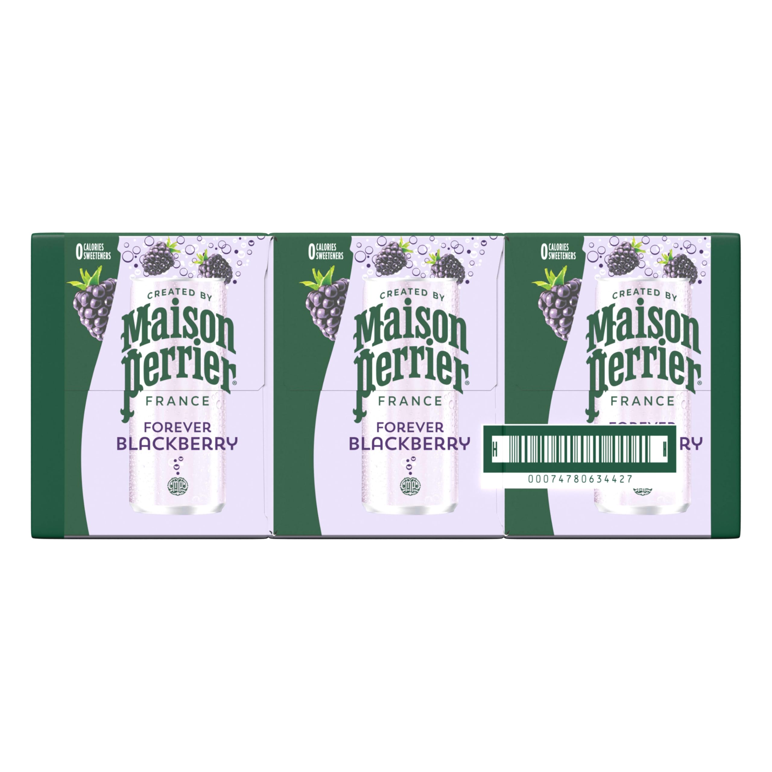 Maison Perrier can in hand for scale, demonstrates slim portable 11.15 fl oz size