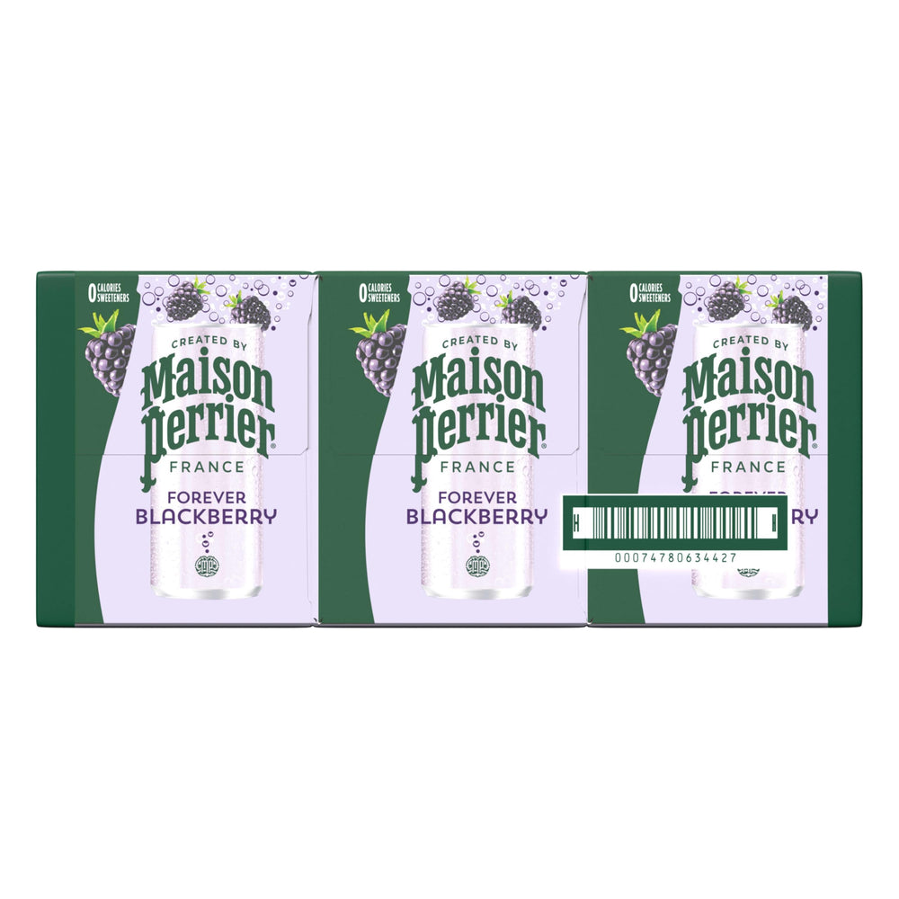 Maison Perrier can in hand for scale, demonstrates slim portable 11.15 fl oz size