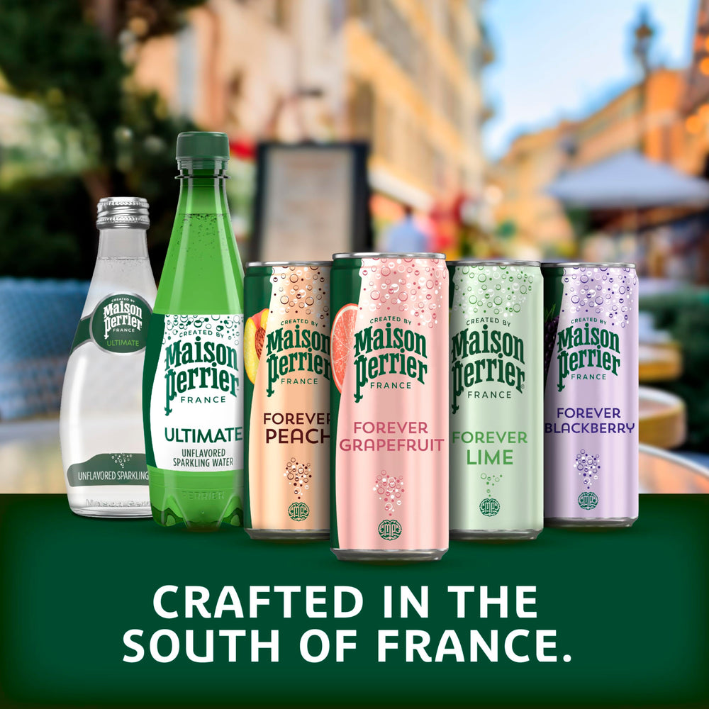Maison Perrier next to a drinking glass showing serving size convenience benefit