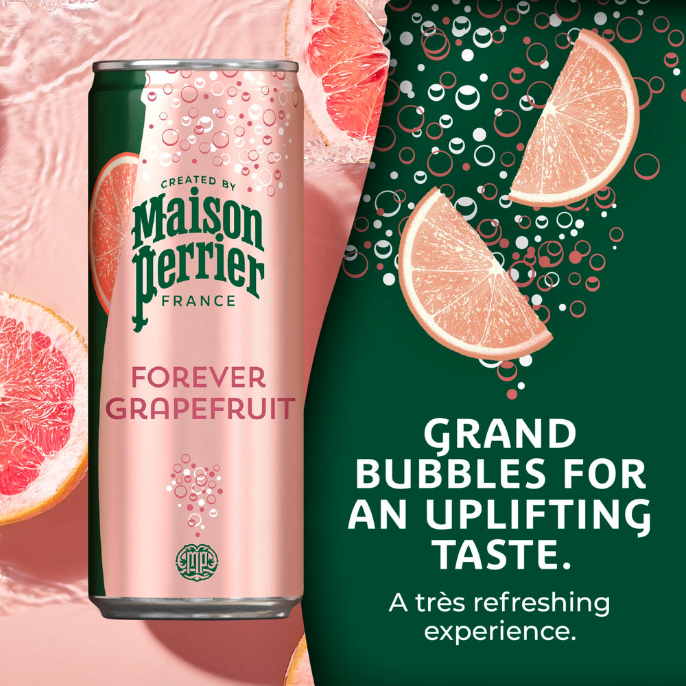 Maison Perrier single can view highlighting grapefruit flavor and easy portability