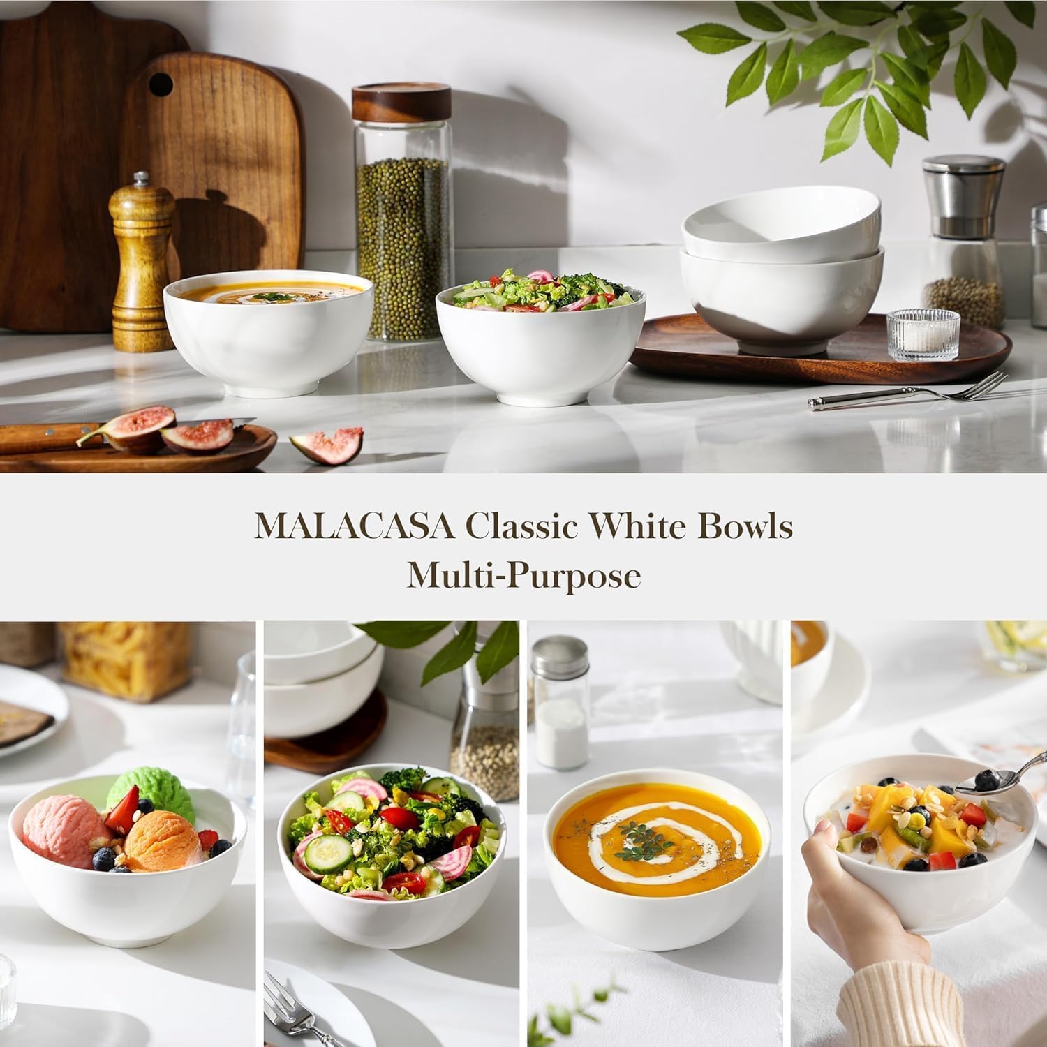 MALACASA bowl filled with soup demonstrating 26 oz capacity for hearty servings