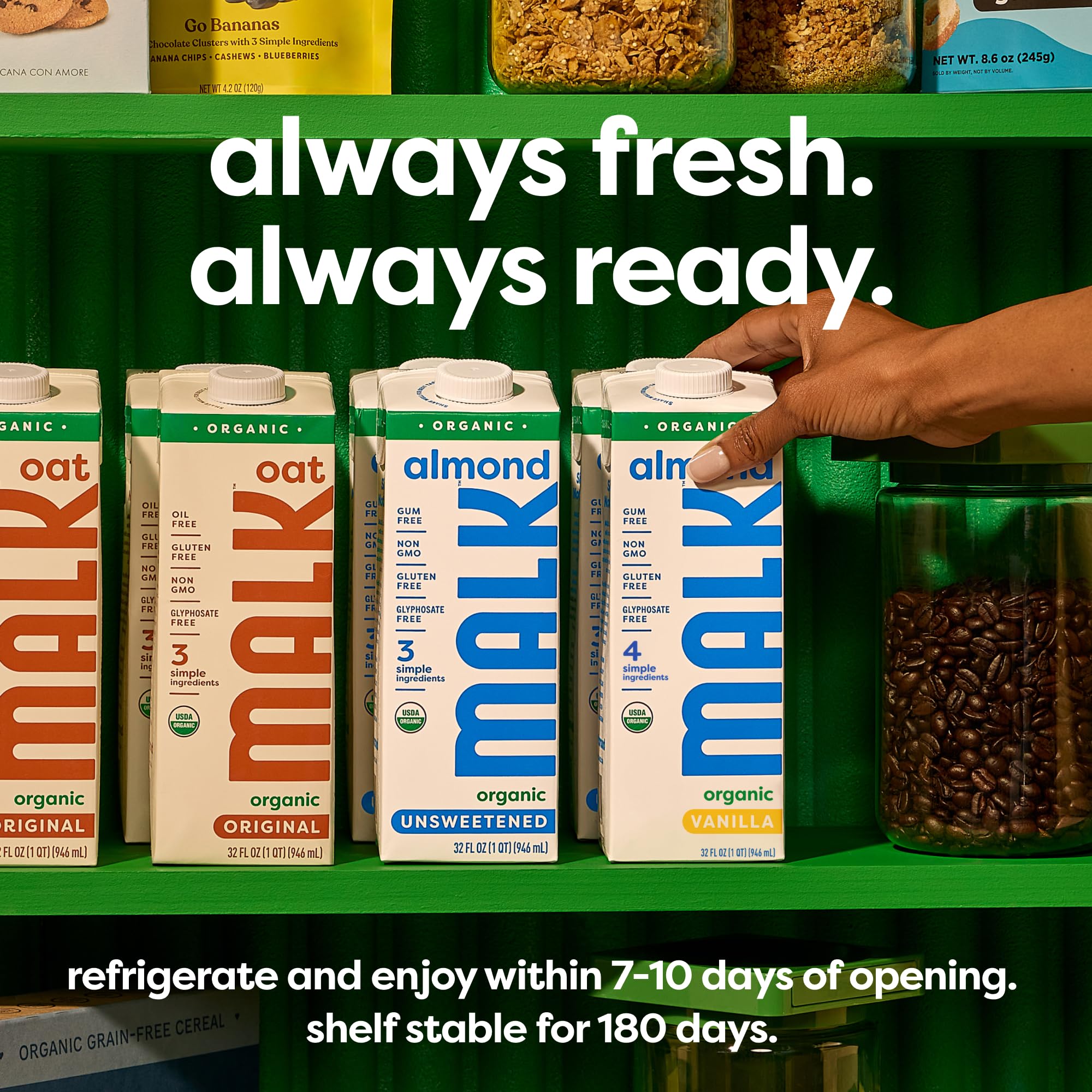 MALK glass beside pancakes, illustrates versatile cooking and baking use