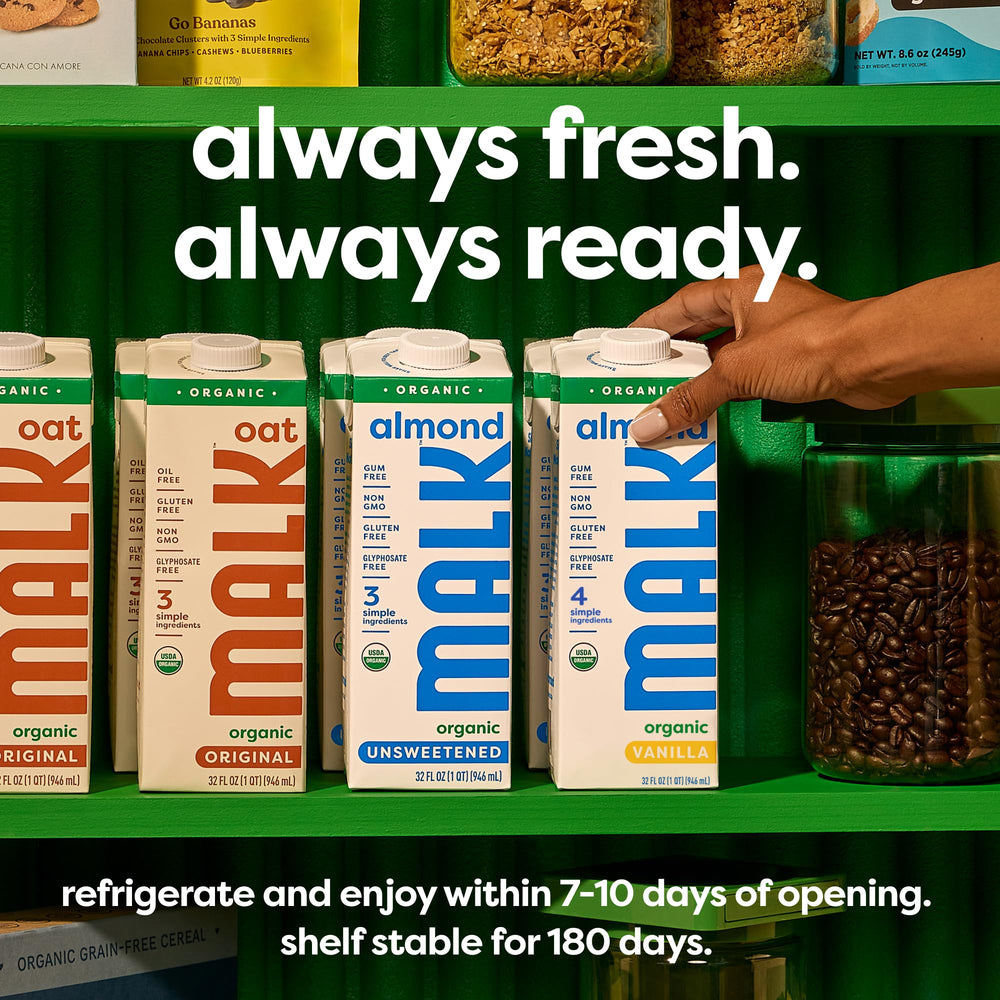 MALK glass beside pancakes, illustrates versatile cooking and baking use