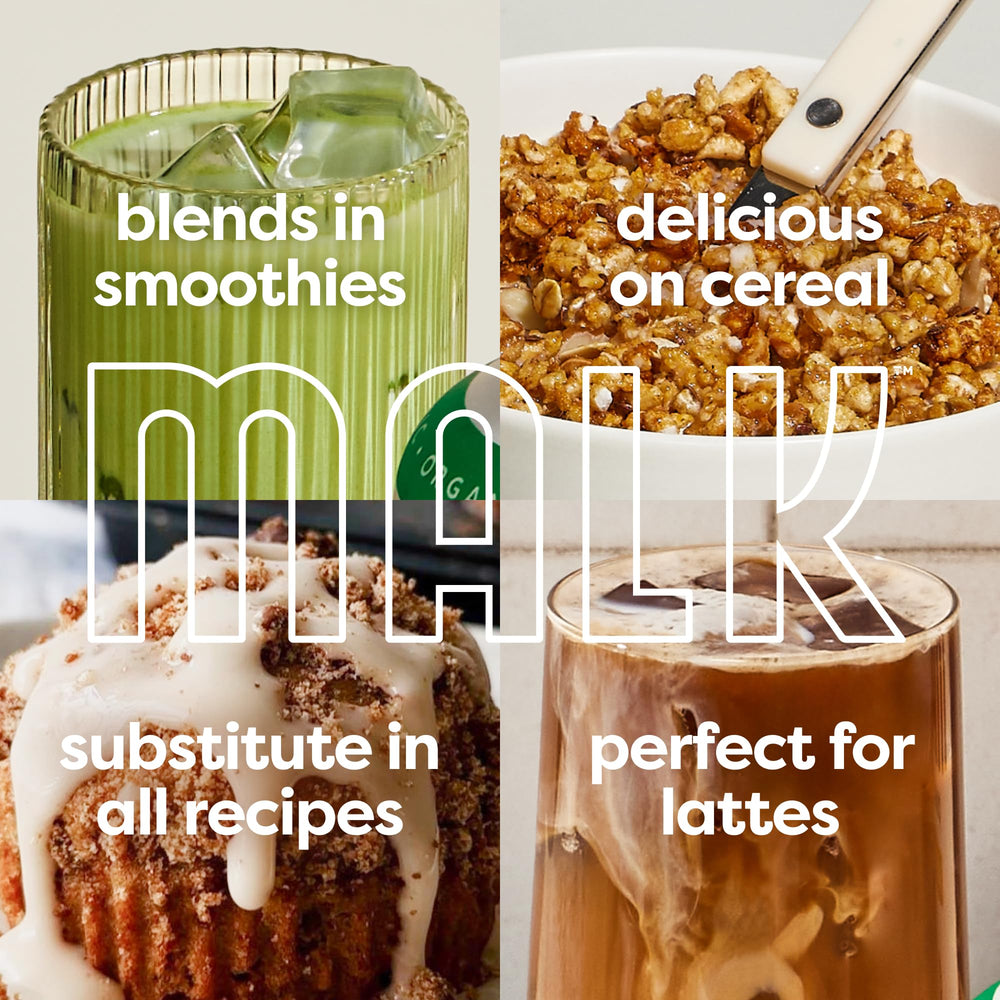 MALK almond milk in latte, shows froth and compatibility with home espresso