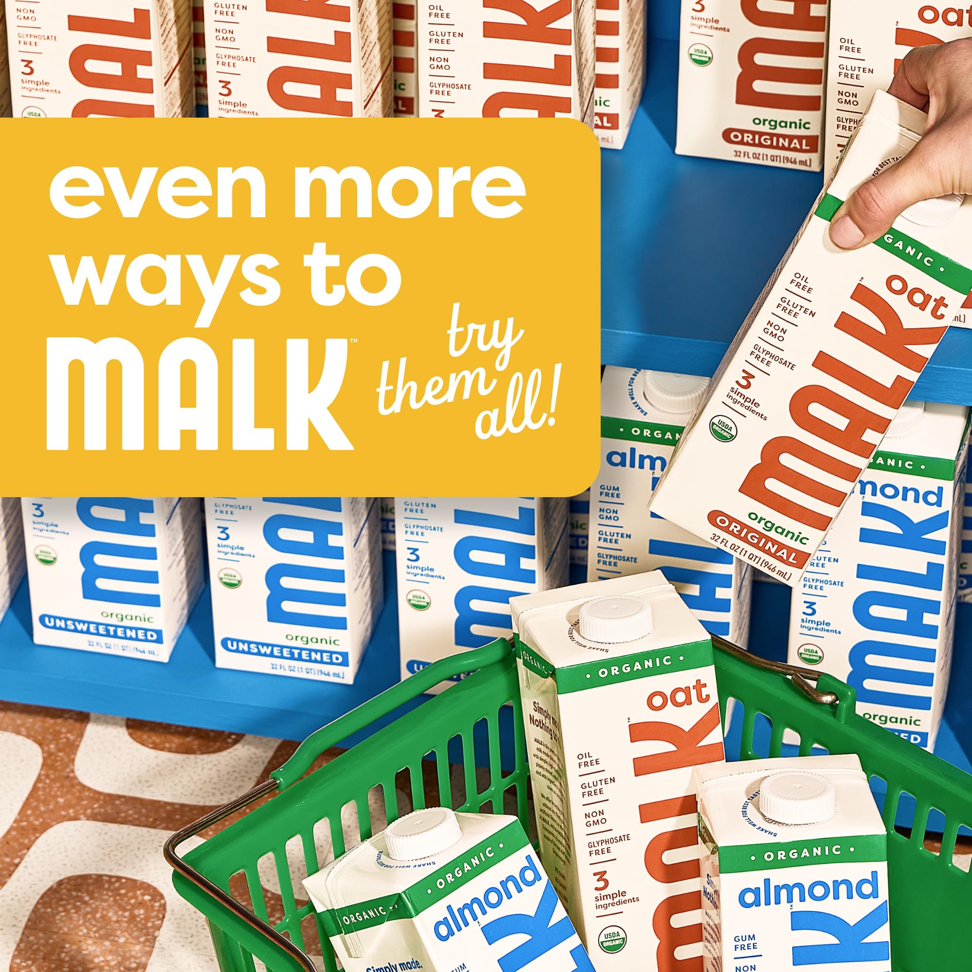 MALK carton next to fruit for scale, shows 32oz portion size and serving idea