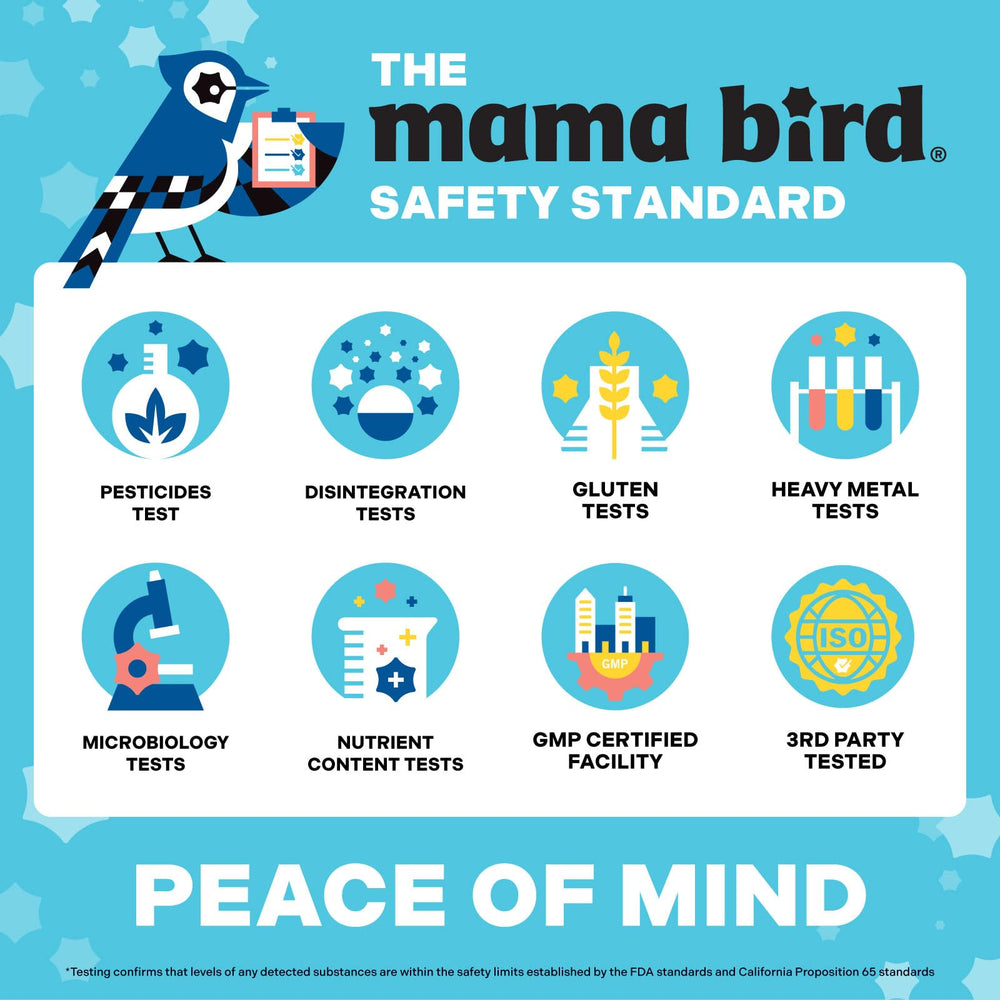 Caplet beside a glass of water representing daily use, Mama Bird supports taking with food