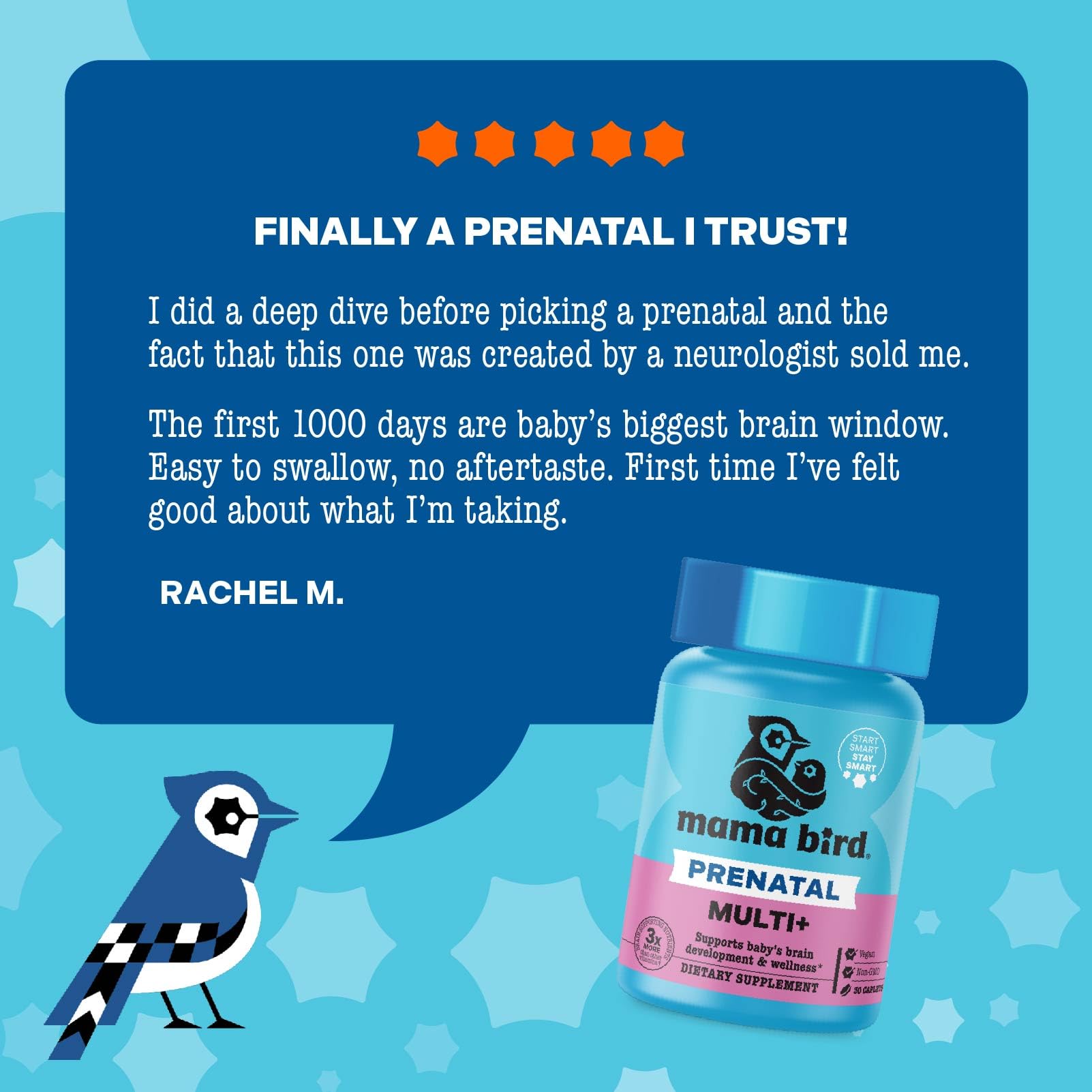 Detailed nutrition facts panel on Mama Bird bottle, clarifies ingredient transparency and dosing