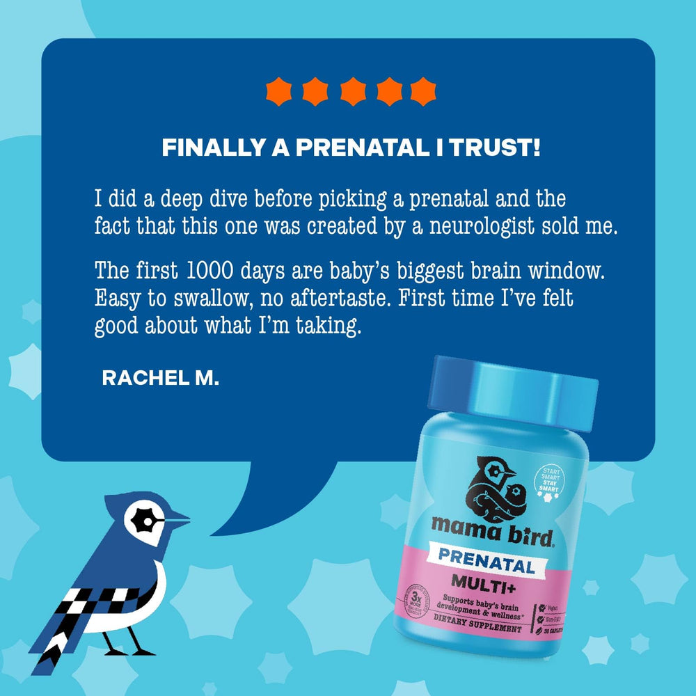 Detailed nutrition facts panel on Mama Bird bottle, clarifies ingredient transparency and dosing