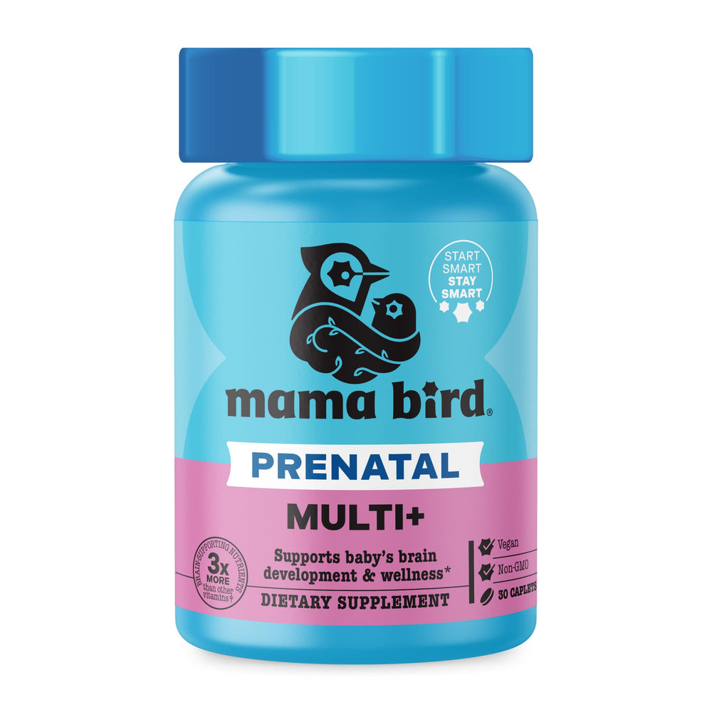 Mama Bird front packaging showing product name and 30 caplets, clear benefit for simple daily use