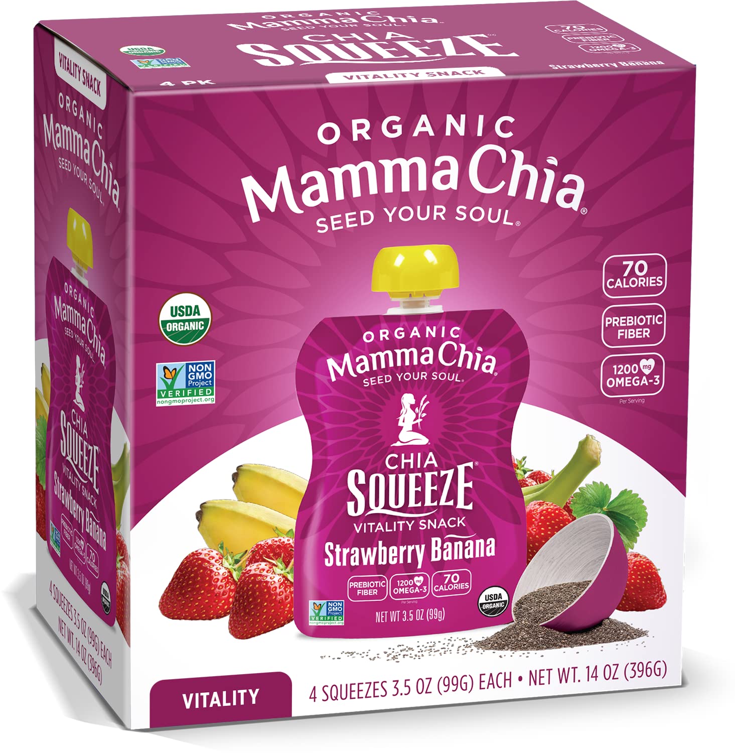 Mamma Chia front packaging showing strawberry banana pouches and convenience