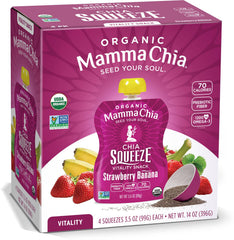 Mamma Chia front packaging showing strawberry banana pouches and convenience