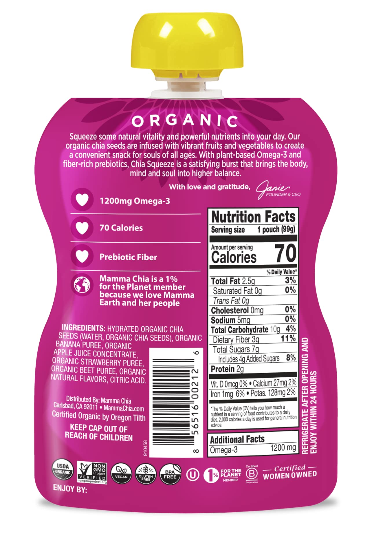 Mamma Chia pouch in hand showing portable size for quick on-the-go snacks