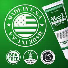 Man1 Man Oil tube beside a ruler showing 4 oz size and lasting use benefit