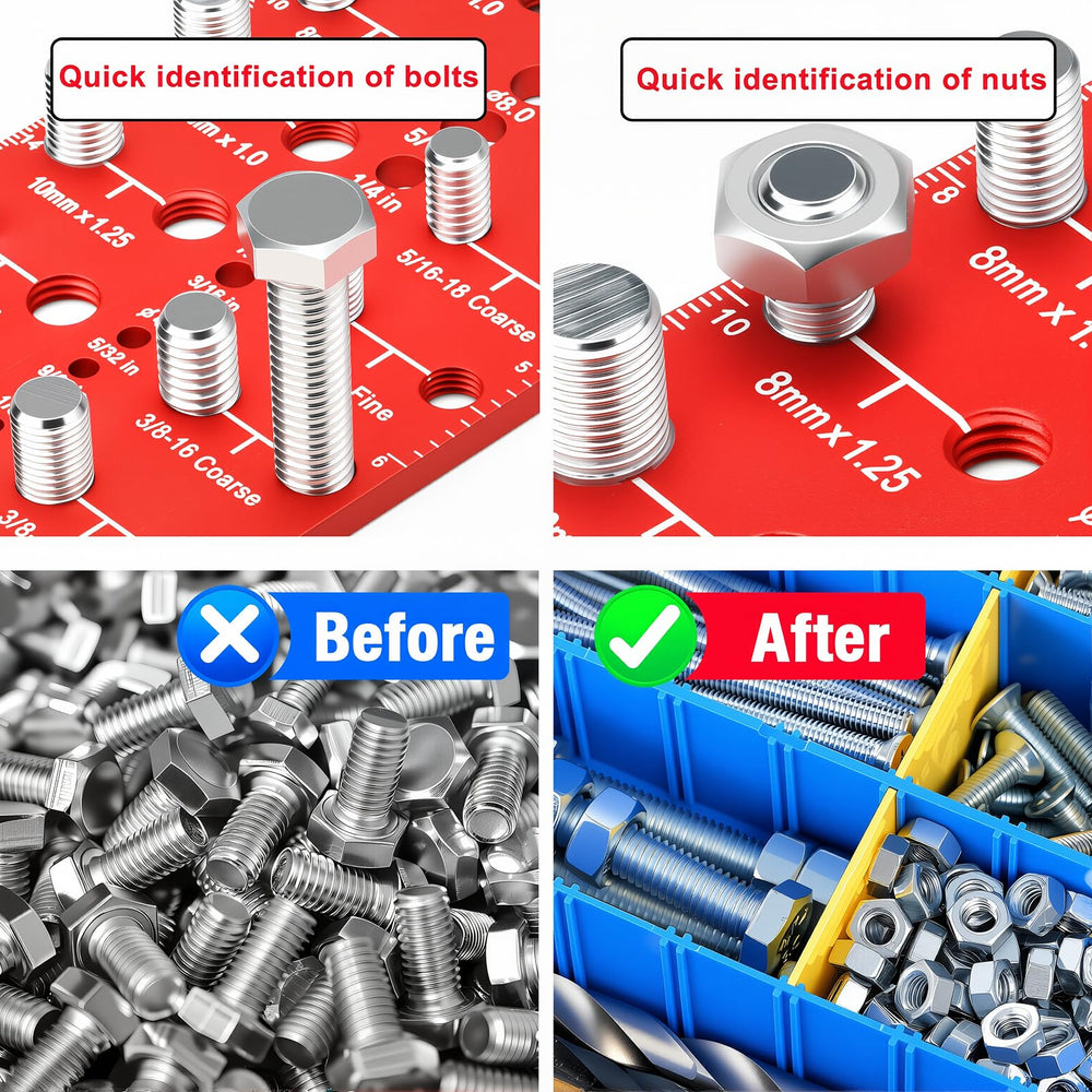 Manalete tool in use matching a bolt to a thread sample to confirm correct size quickly