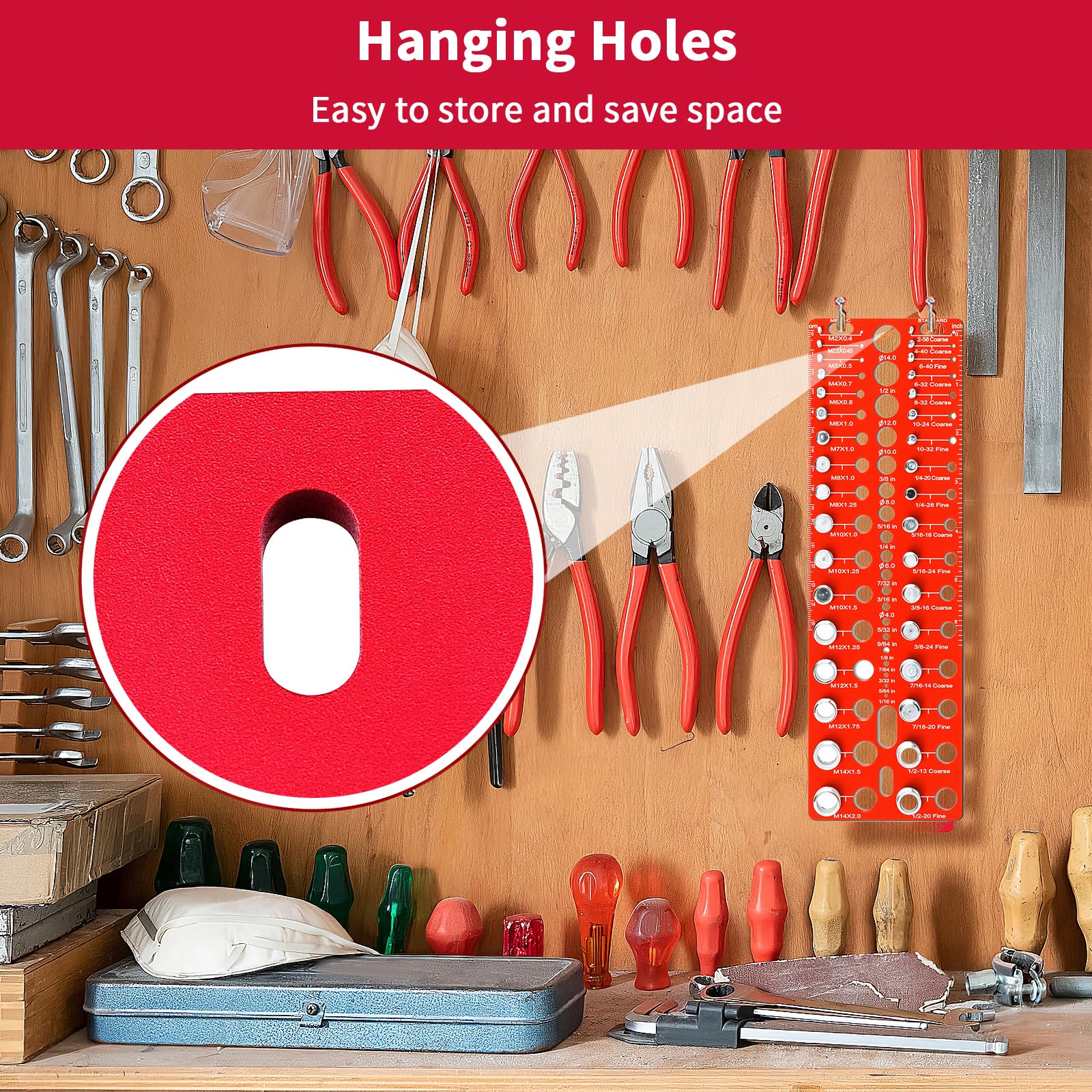 Manalete gauge beside a ruler showing compact size for easy toolbox storage